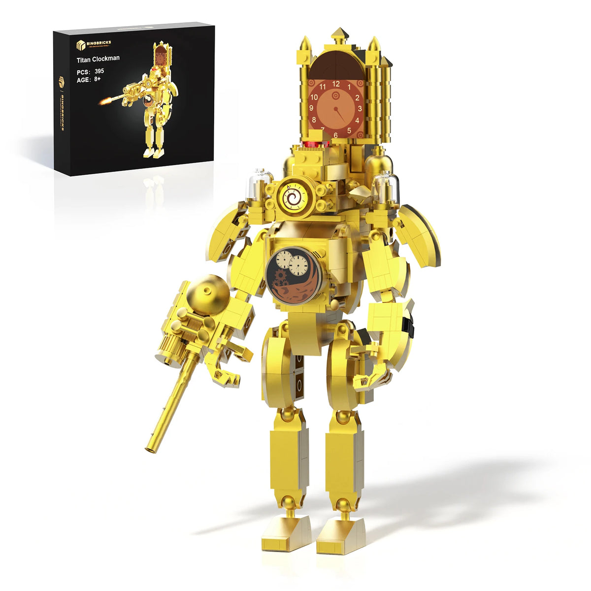 Gold robot clock with a box labeled 'Titan Clockman' on a white background