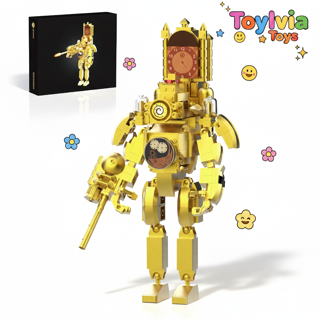 Gold robot toy with clock design, displayed with a black box and 'Toyivia Toys' branding.