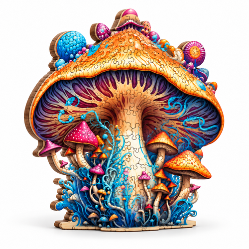 Enchanted Fly Agaric Mushroom Wooden Jigsaw Puzzle Fantasy Forest Art Puzzle - alternate view