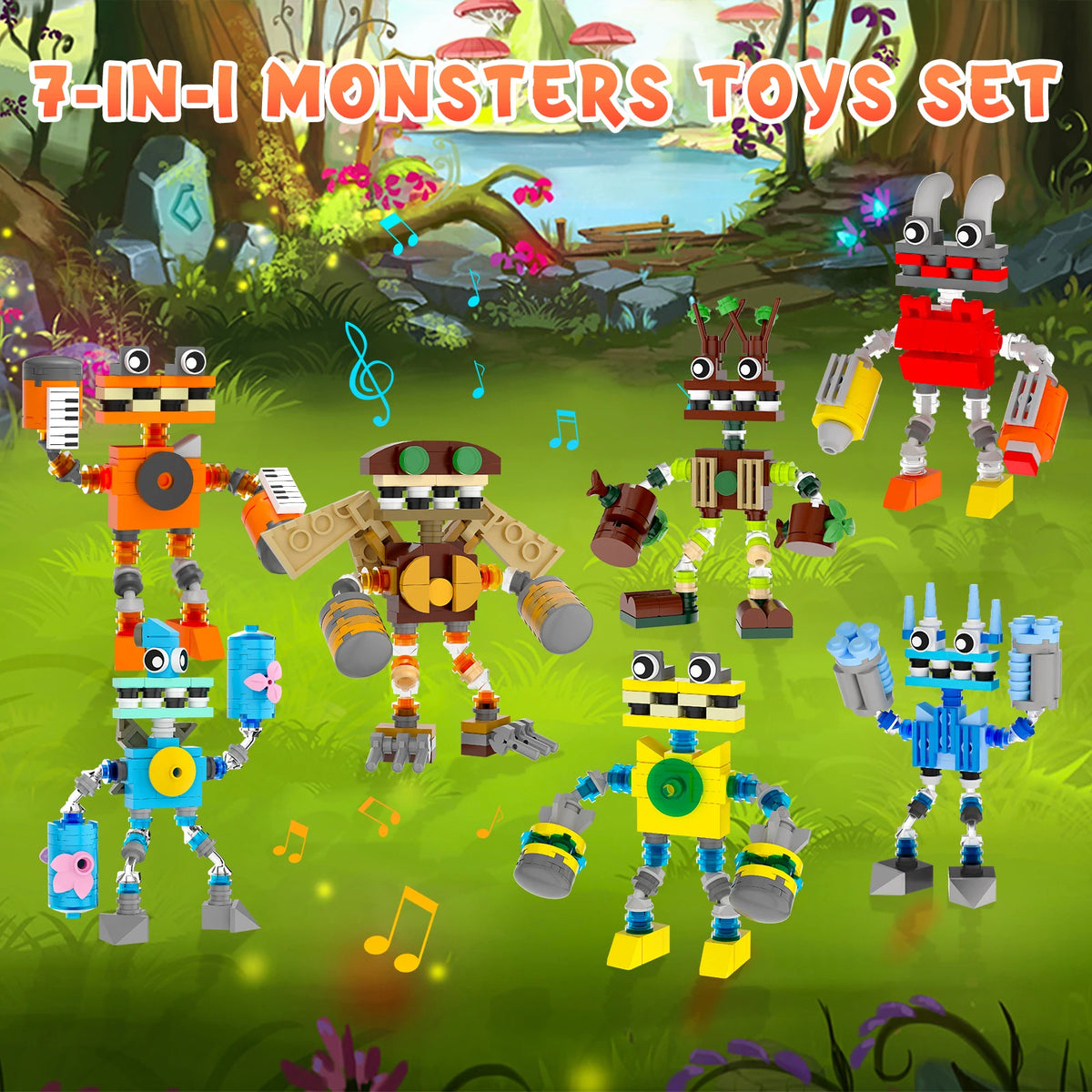 7-in-1 Monsters Toys Set with colorful toy monsters in a forest setting