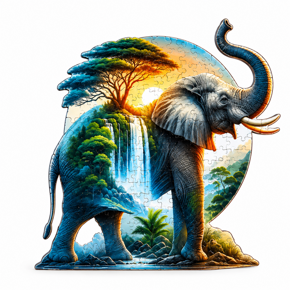 Mystical Elephant Wooden Jigsaw Puzzle with elephant and waterfall artwork on white background