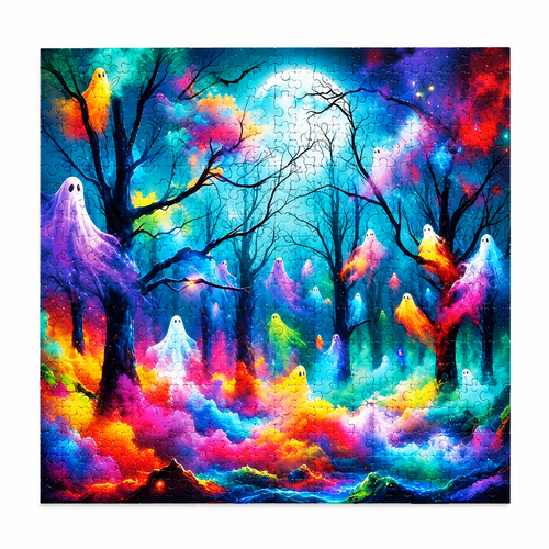 Wooden jigsaw puzzle of ghost figures drifting through a neon rainbow forest under a full moon