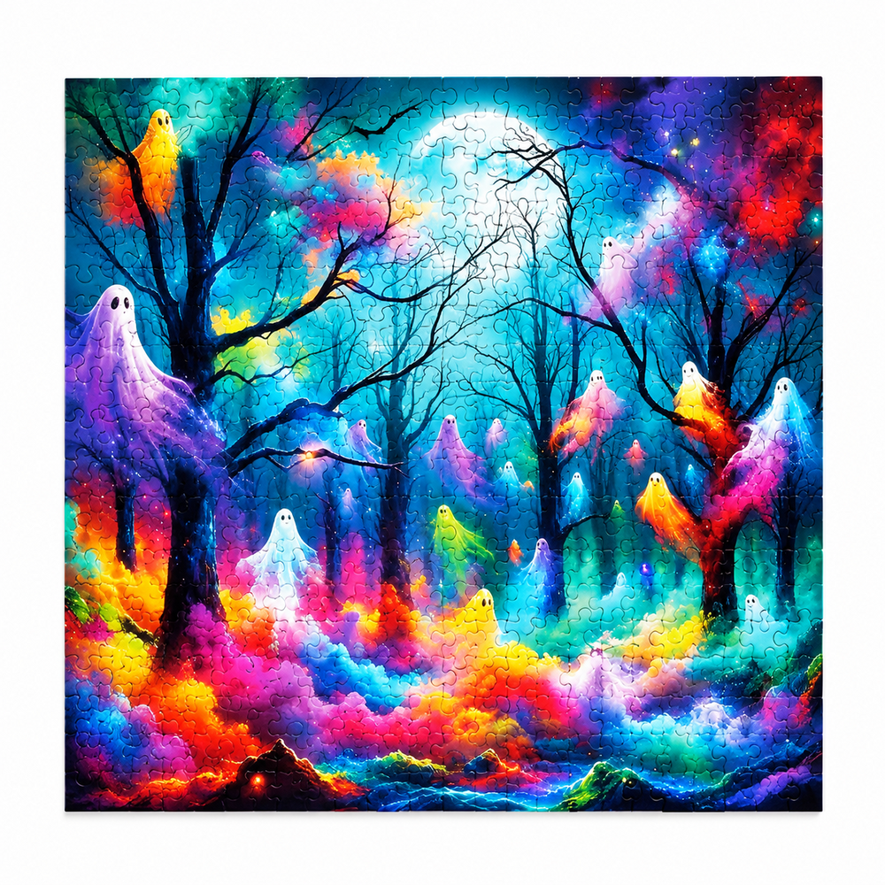 Wooden jigsaw puzzle of ghost figures drifting through a neon rainbow forest under a full moon