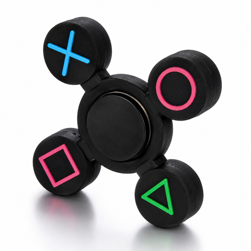 Black four-lobe fidget spinner standing upright on white with coloured shape outlines and soft reflection