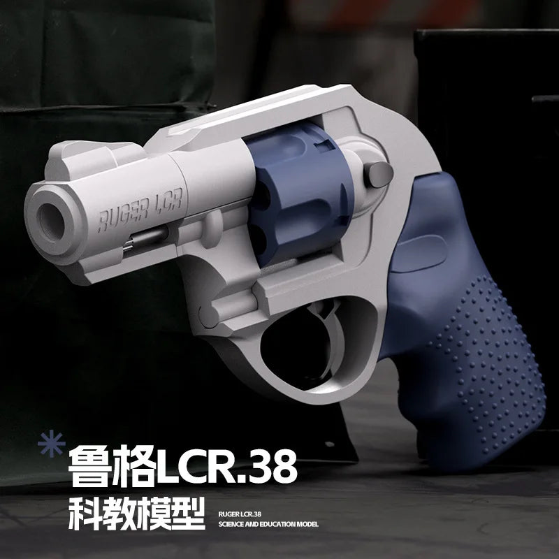 Model of a revolver with blue and gray design on a dark background