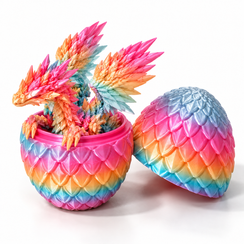 Rainbow dragon egg twisted open with a winged crystal dragon inside