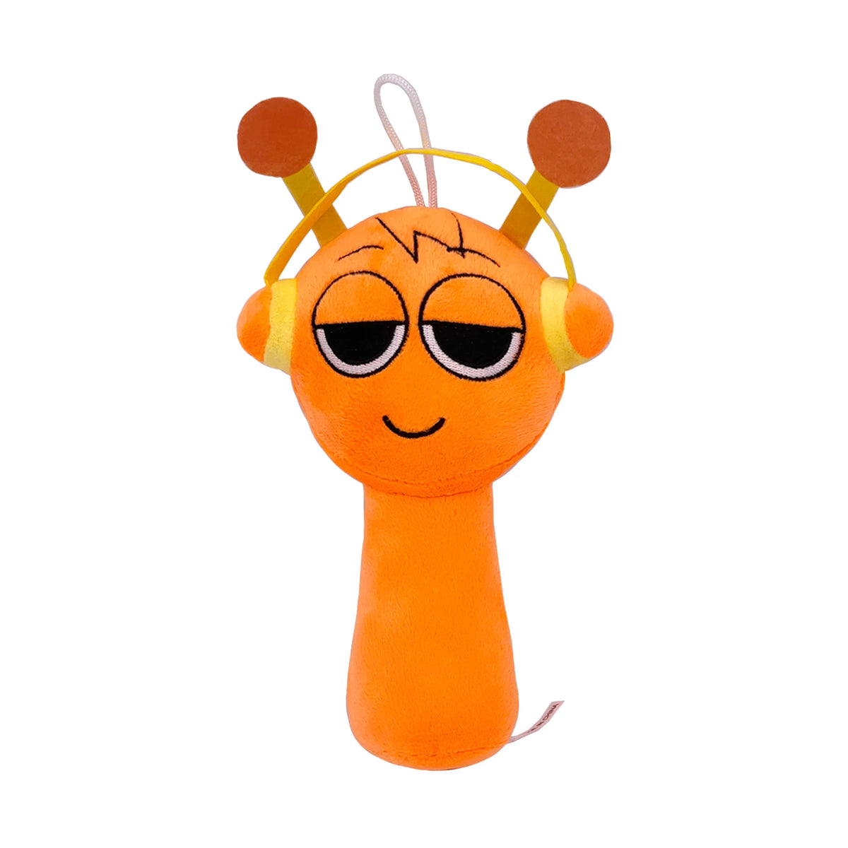 Orange cartoon plush toy character wearing yellow headphones, soft stuffed design on a white background
