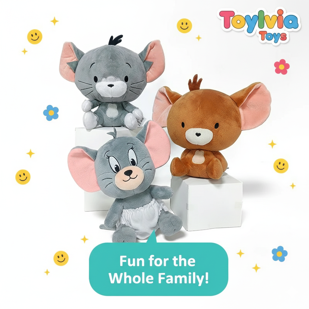 Three plush toys on a white background with 'Toyivia Toys' branding and 'Fun for the Whole Family!' text.
