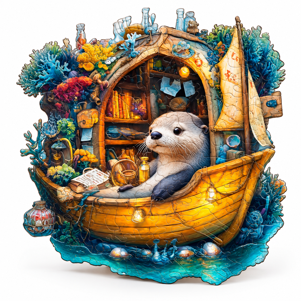 Otter Reading in Boat Wooden Puzzle Animal Pieces Marine Decor