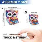 Assembly size comparison of owl wooden jigsaw puzzle showing large A3 and small A5 sizes with thick sturdy wood pieces