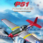 Model airplane labeled 'P51 Power Glider' against a blurred sky background
