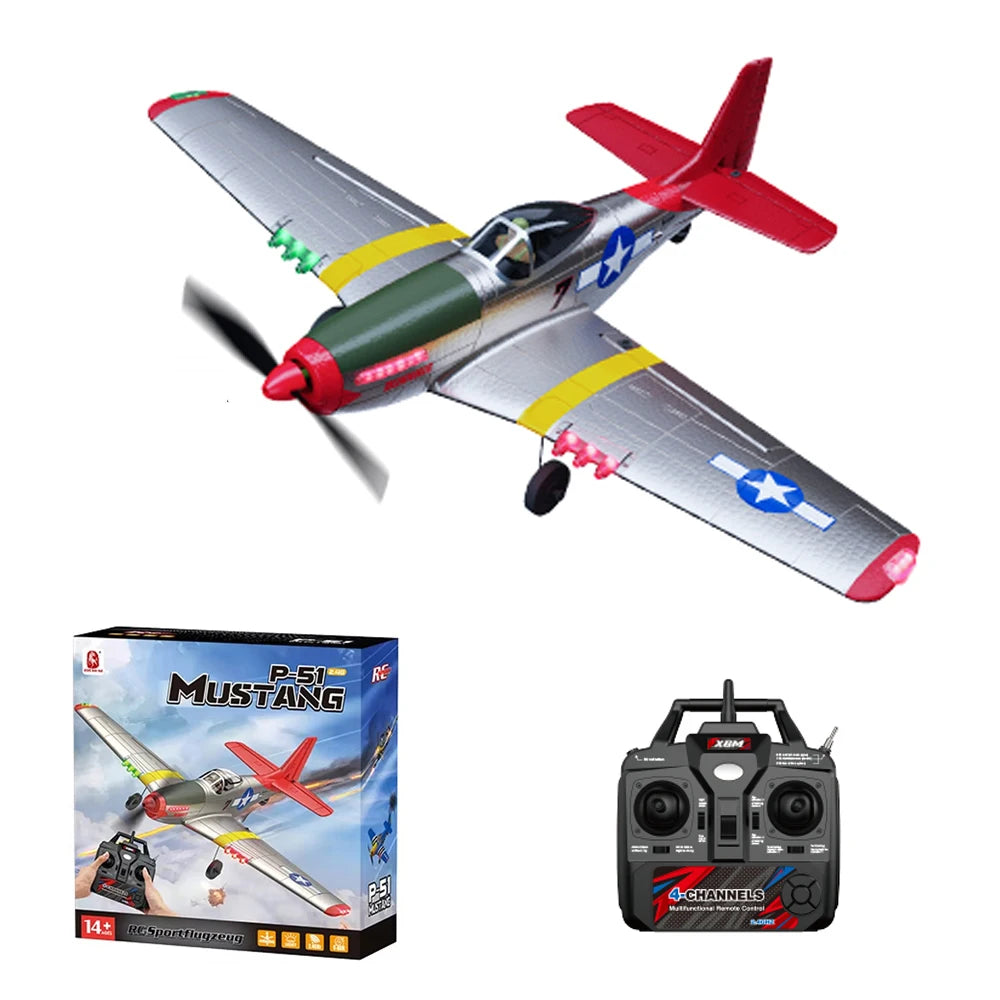 Model airplane with red and silver design, packaging, and remote control on a white background