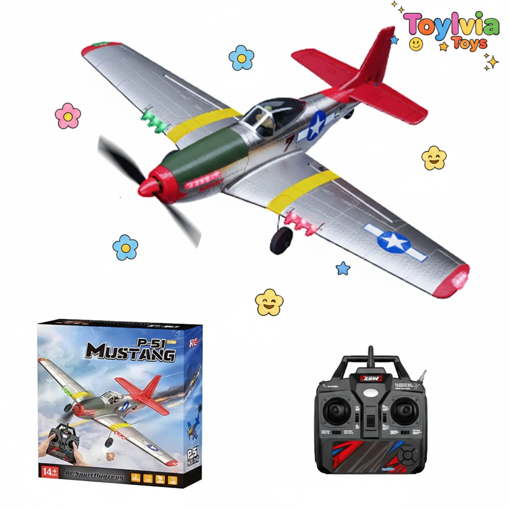 Toy airplane with red tail, propeller, and control box on a white background with decorative elements. Main image