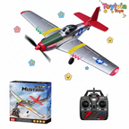 Toy airplane with red tail, propeller, and control box on a white background with decorative elements.