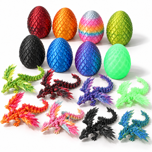 8 pack of 3D printed Easter dragon eggs with winged articulated crystal dragons on white