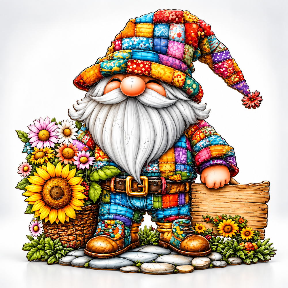 Patchwork Gnome Sunflower Wooden Jigsaw Puzzle Home Decor Gift