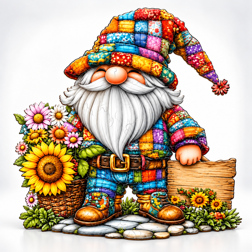 Patchwork Gnome Sunflower Wooden Jigsaw Puzzle on white gradient background - Toylvia