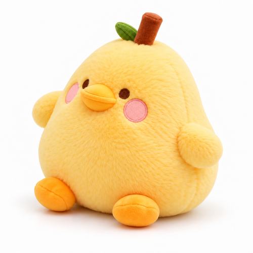Pear Duck plush toy facing left on a white studio background