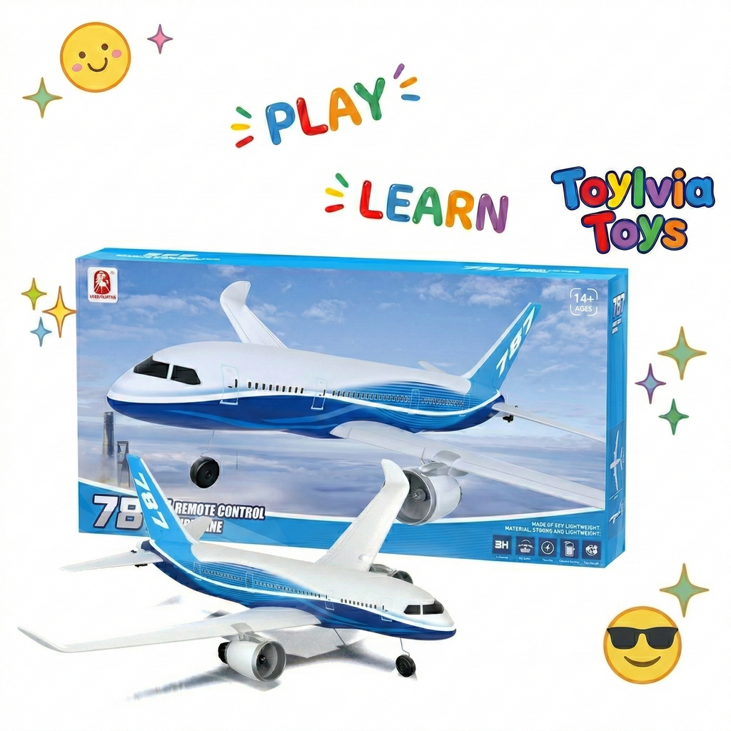 Toy airplane with remote control feature in front of Toyivia Toys packaging on a white background