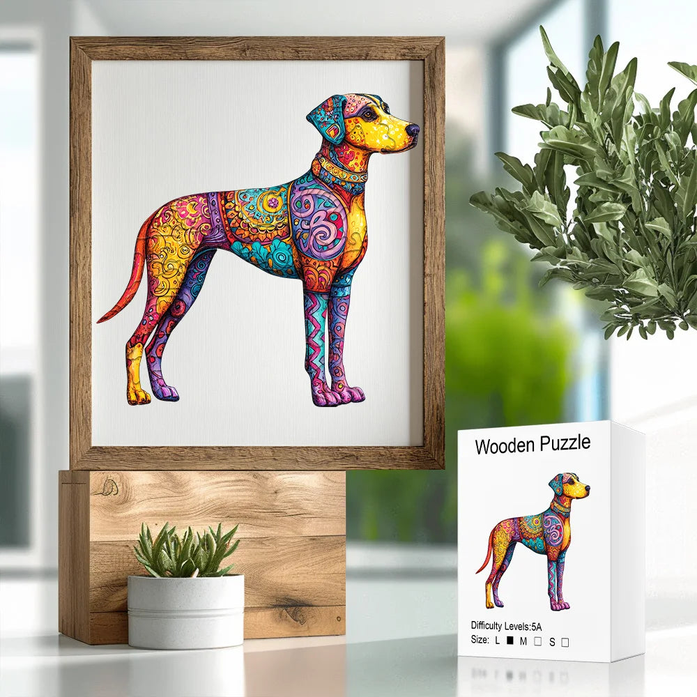 Colorful dog illustration in a wooden frame with a plant and wooden puzzle box in the background.