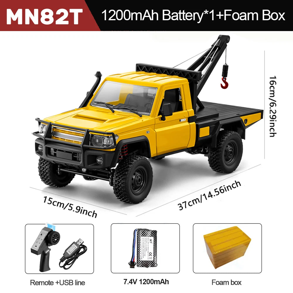 Yellow toy truck with crane, remote control, battery, and foam box on a white background