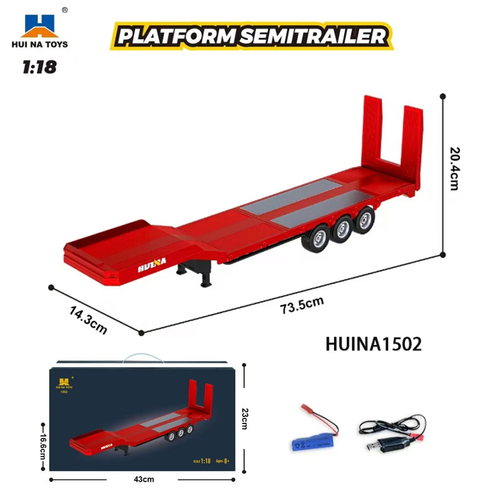 Model of a platform semitrailer with dimensions and HUINA Toys branding.