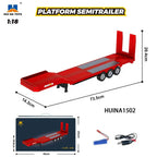 Model of a platform semitrailer with dimensions and HUINA Toys branding.