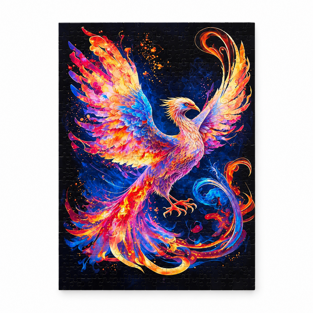 Wooden jigsaw puzzle of a pink and blue phoenix with outstretched wings on a dark starry ground