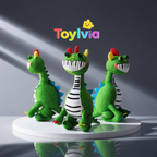 Side and front perspectives of the Pianosaurus plush toy on a minimalist white pedestal.