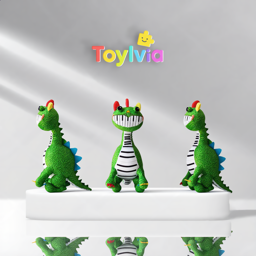 High-quality green monster plush toy featuring a unique zebra-stripe pattern and keyboard grin.