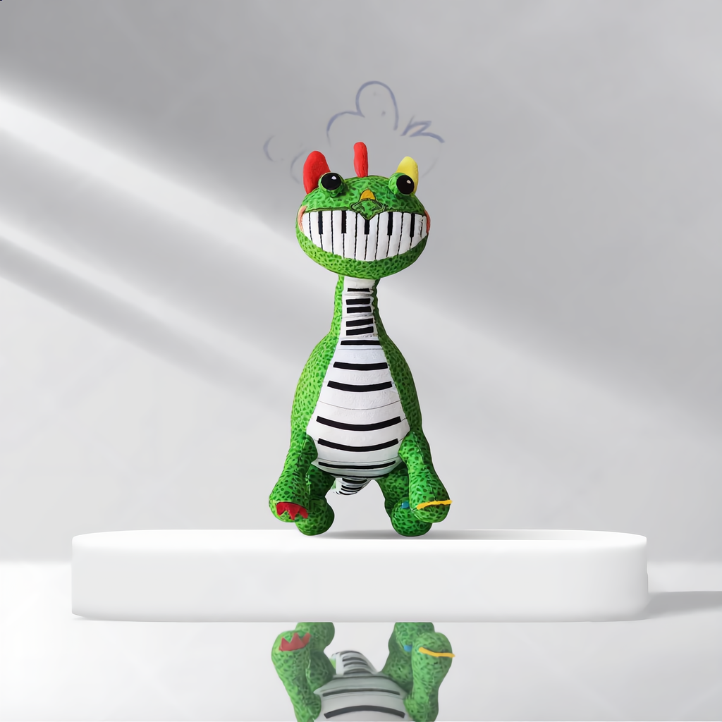 Close-up of a single 25cm Pianosaurus plush doll on a reflective white surface.