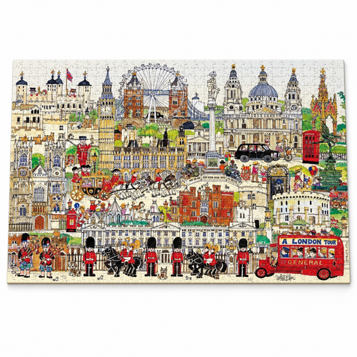 Completed Pictorial London jigsaw puzzle on white studio background with natural contact shadow