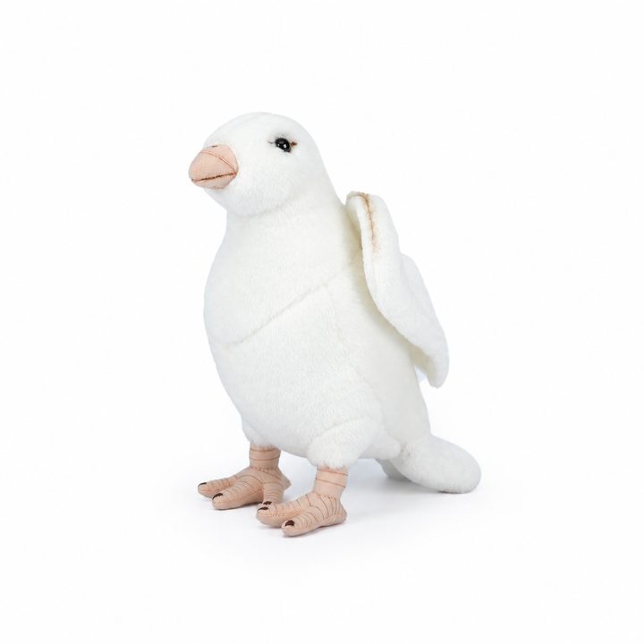 22CM realistic pigeon plush toy, left-facing three-quarter view on white