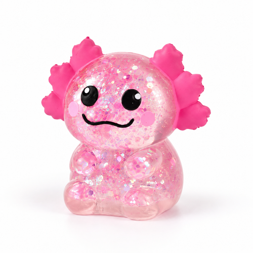 Pink Glitter Axolotl squishy — Pink variant, white studio photo