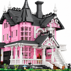 Pink Gothic Castle building-block facade detail showing slate roof, pink walls, arched windows, and white gable trim