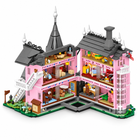 Pink Gothic Castle building-block set opened to show furnished interior rooms
