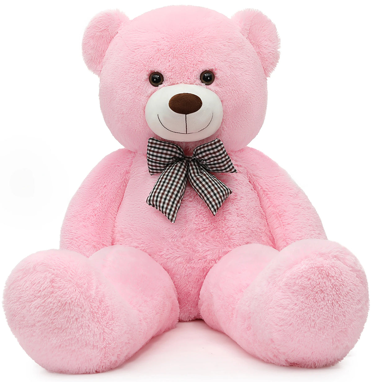 Pink teddy bear with a black and white checkered bow tie on a white background