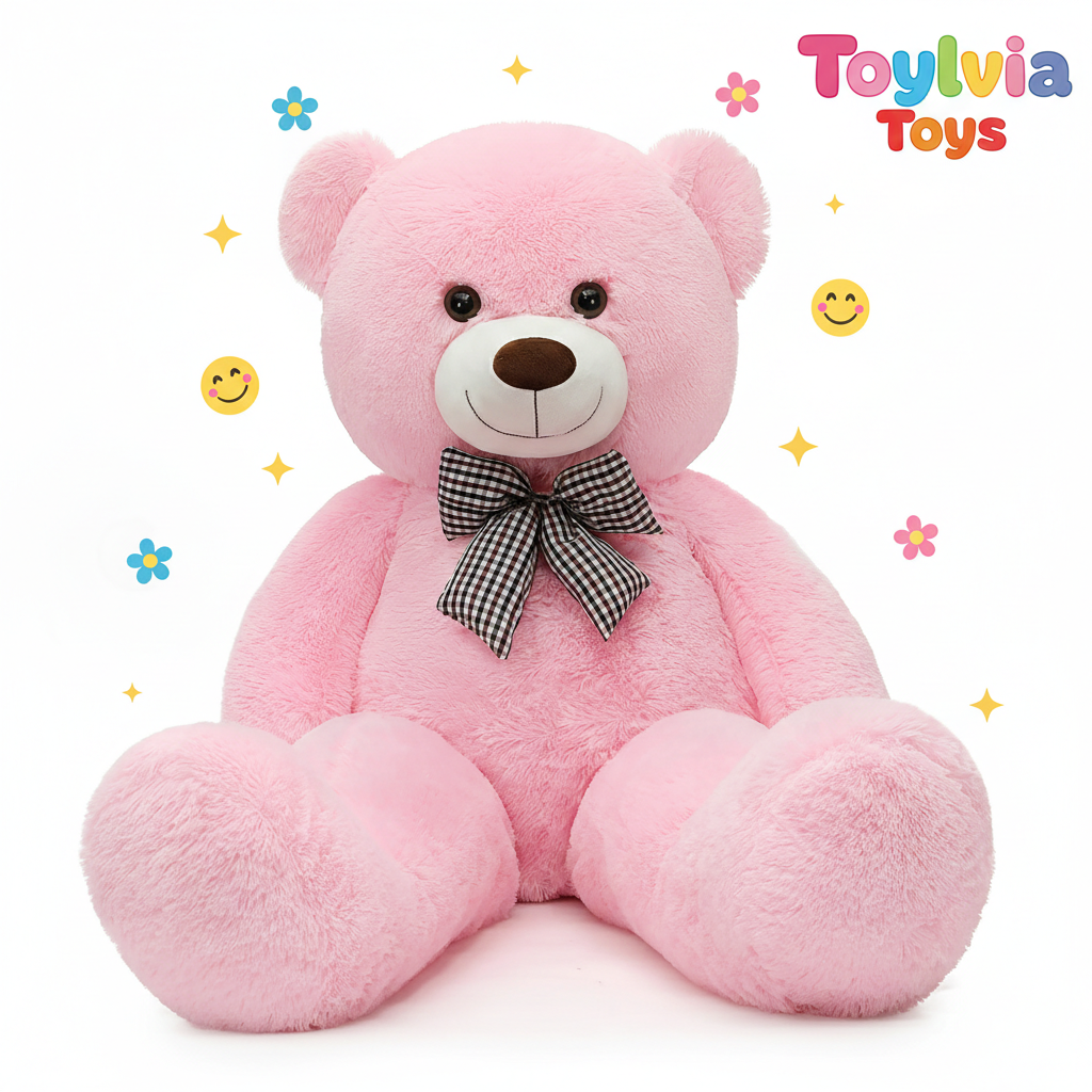 Pink teddy bear with a checkered bow on a white background, featuring the Toylivia Toys brand. Main image