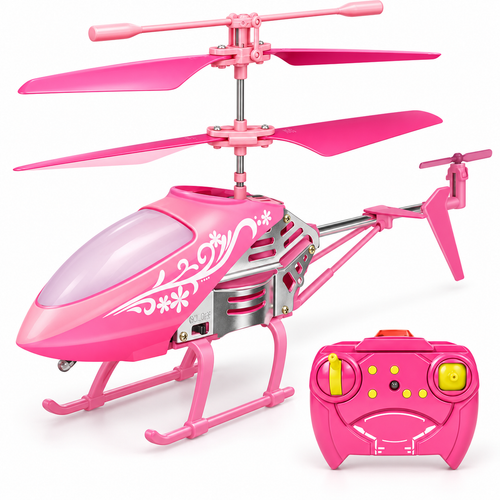Pink coaxial RC helicopter in a three-quarter white-studio view with matching controller at bottom right.