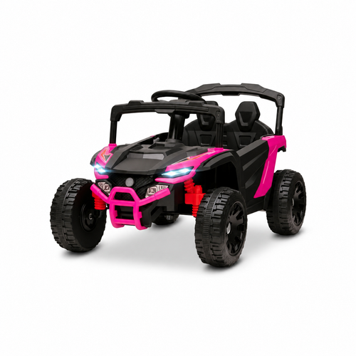 Centered pink 12V kids ride-on UTV with extra white space and grounded tire shadows