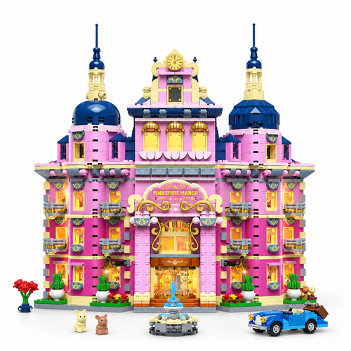 Pink multi-storey manor building set lit from within, with blue domes, fountain and parked car