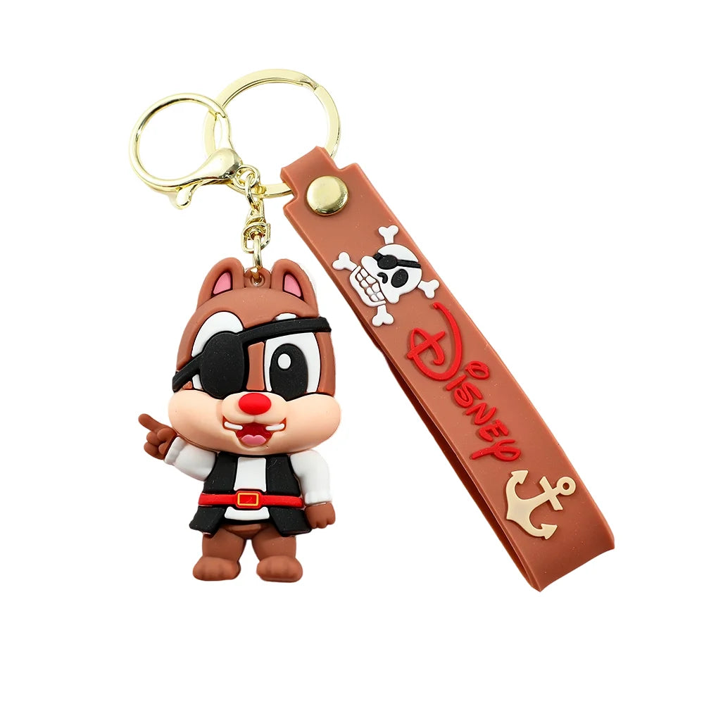 Pirate chipmunk cartoon PVC keychain with brown wrist strap on white background