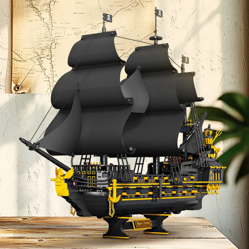 2076PCS Pirate Ship Building Blocks Display Model with Black Sails and Yellow Details