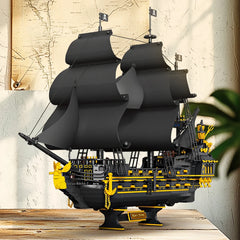 2076PCS Pirate Ship Building Blocks Display Model with Black Sails and Yellow Details