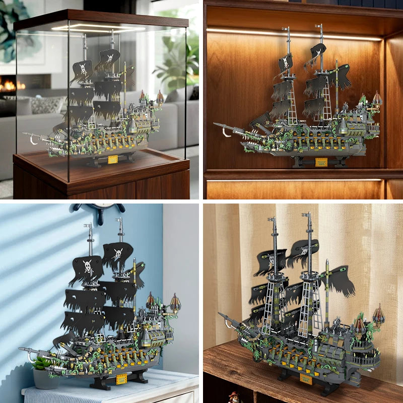 Collage of a detailed model ship displayed in various settings.