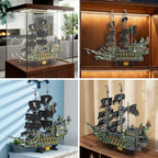 Collage of a detailed model ship displayed in various settings.