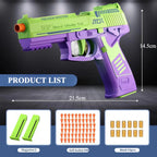 Green and purple toy gun with measurements and accessories on a dark background