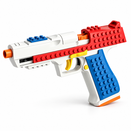 Vivid red, white and blue building-block toy pistol in a three-quarter-left studio view on white, without accessories.