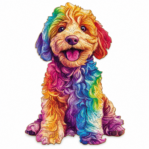 Wooden puzzle of a sitting curly-haired puppy in rainbow orange, pink, blue and purple tones