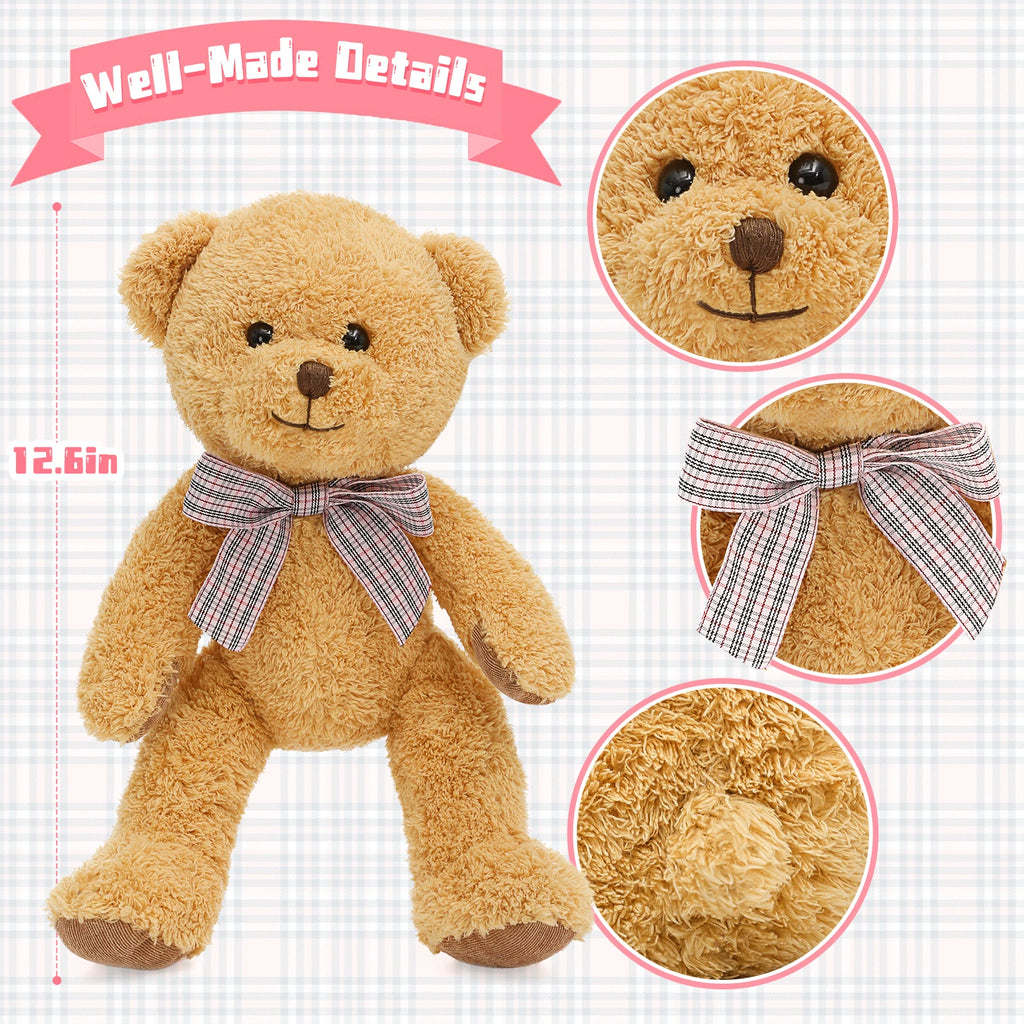 Brown teddy bear with a plaid bow, close-ups of details, and text 'Well-Made Details' on a checkered background.